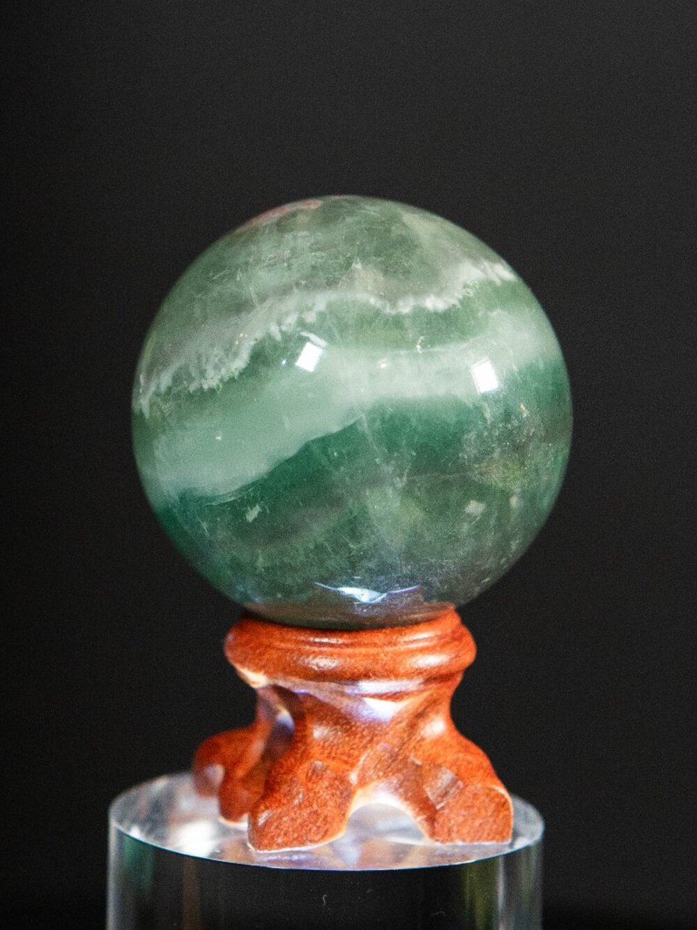 Natural Green Fluorite Crystal Sphere Orb w/ Wood Stand